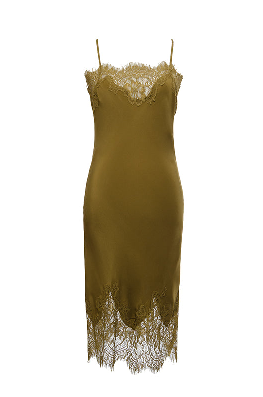 The Coco Lace Silk Dress in olive.