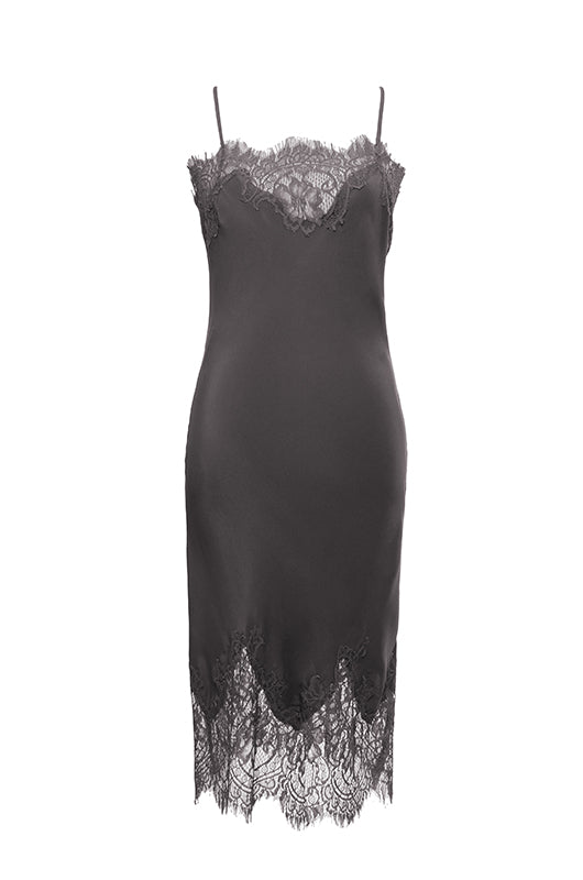 The Coco Lace Silk Dress in pewter.
