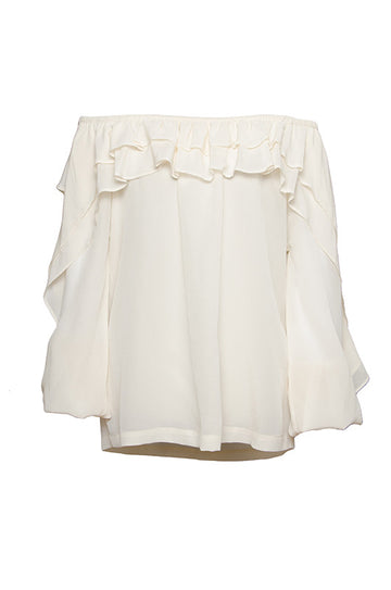 The Double Ruffle Silk Top in off white.