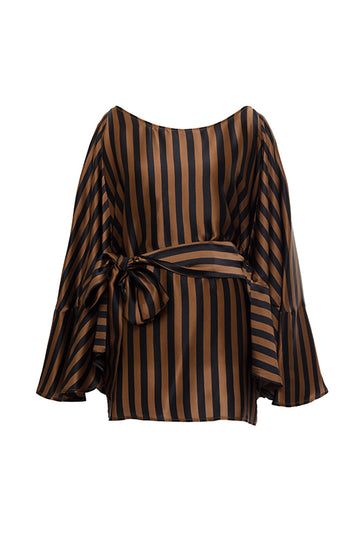 The Stripe Silk Batwing Top in black and tobacco stripes. Shown belted with matching sash.