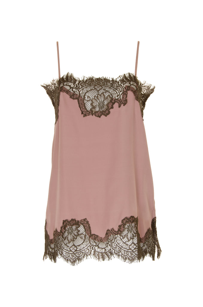The Coco Lace Silk Straight Cami in rose with dirty olive lace.