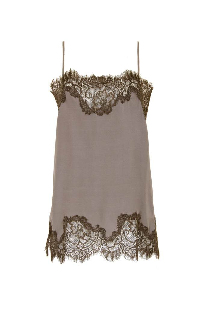 The Coco Lace Silk Straight Cami in stone grey with dirty olive lace.