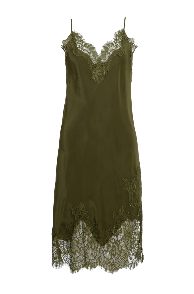 The Grace Lace Silk Dress in olive.