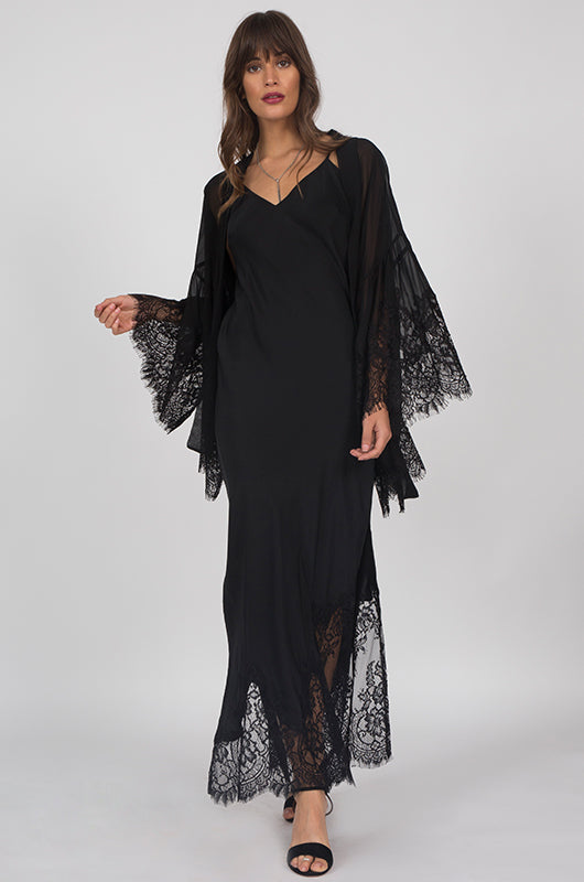 Long Silk Lace Slip Dress Black - Main Image