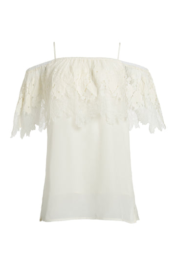 The Julia Lace Silk Off The Shoulder Top in dove.