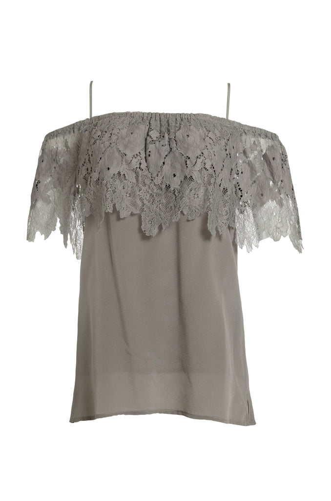 The Julia Lace Silk Off The Shoulder Top in steeple grey.