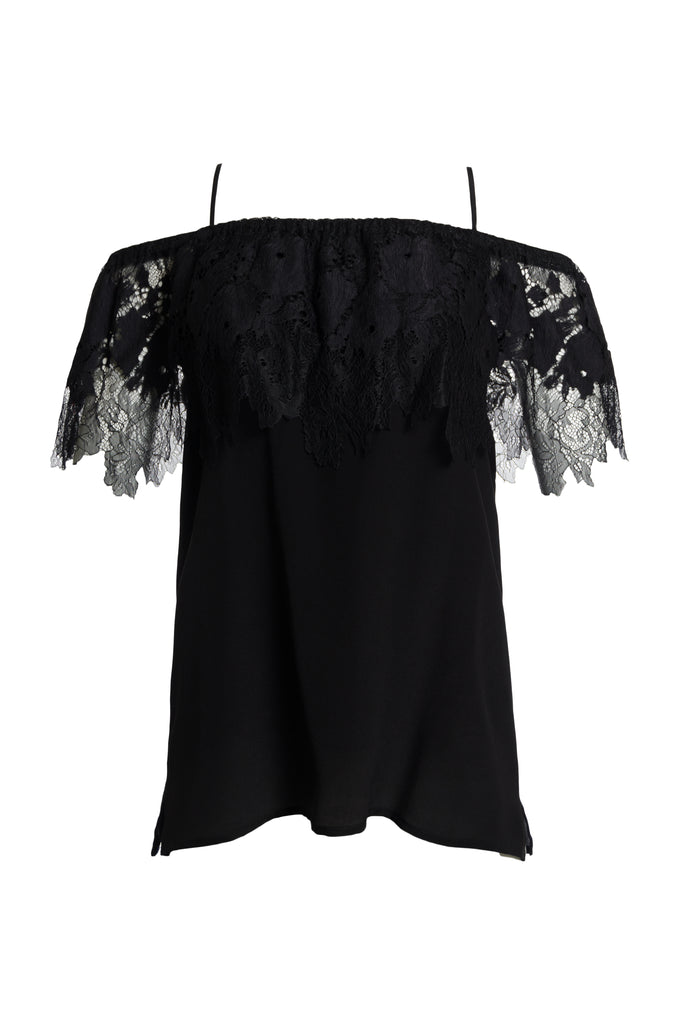 The Julia Lace Silk Off The Shoulder Top in black.
