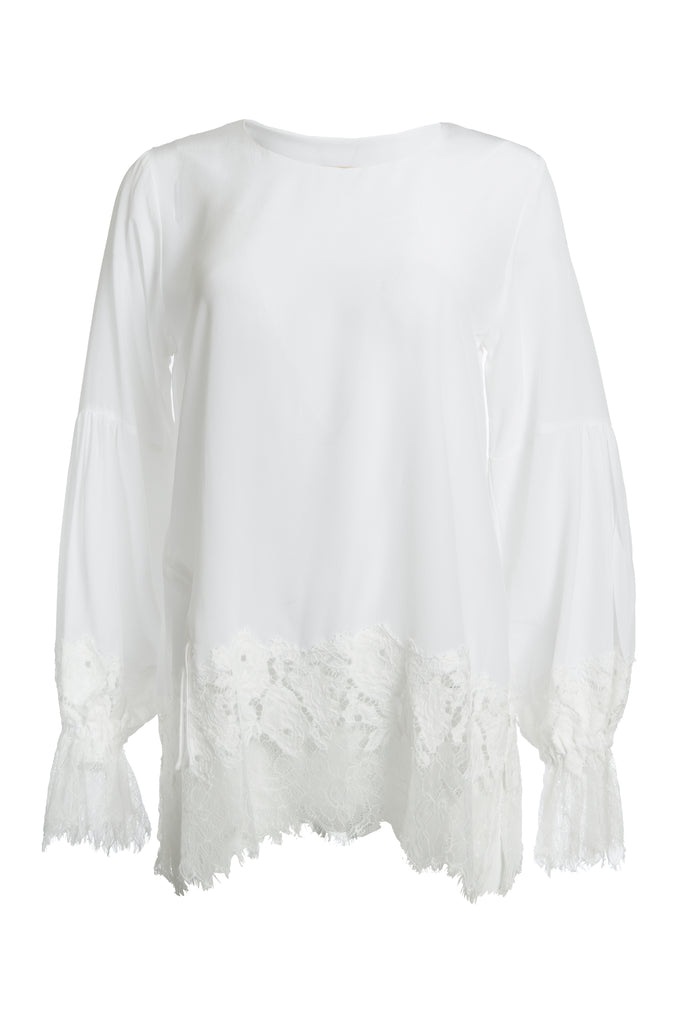 The Romantic Lace Sleeve Silk Top in white.