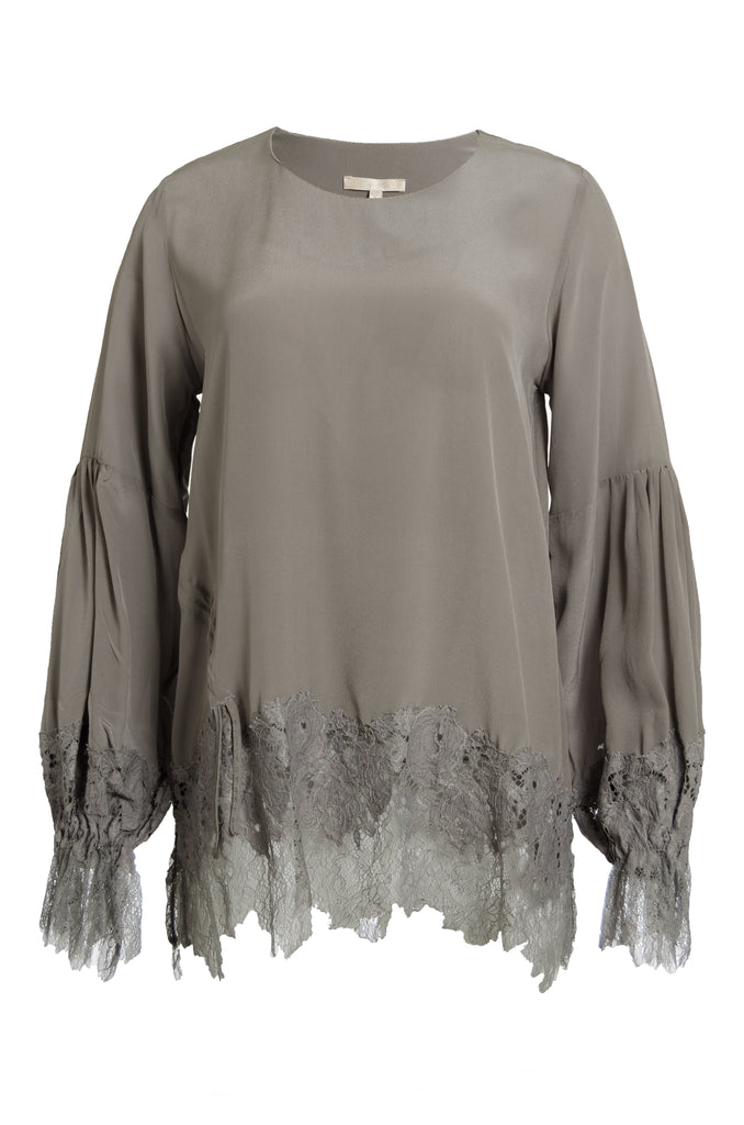 The Romantic Lace Sleeve Silk Top in steeple grey.