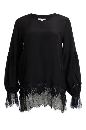 The Romantic Lace Sleeve Silk Top in black.