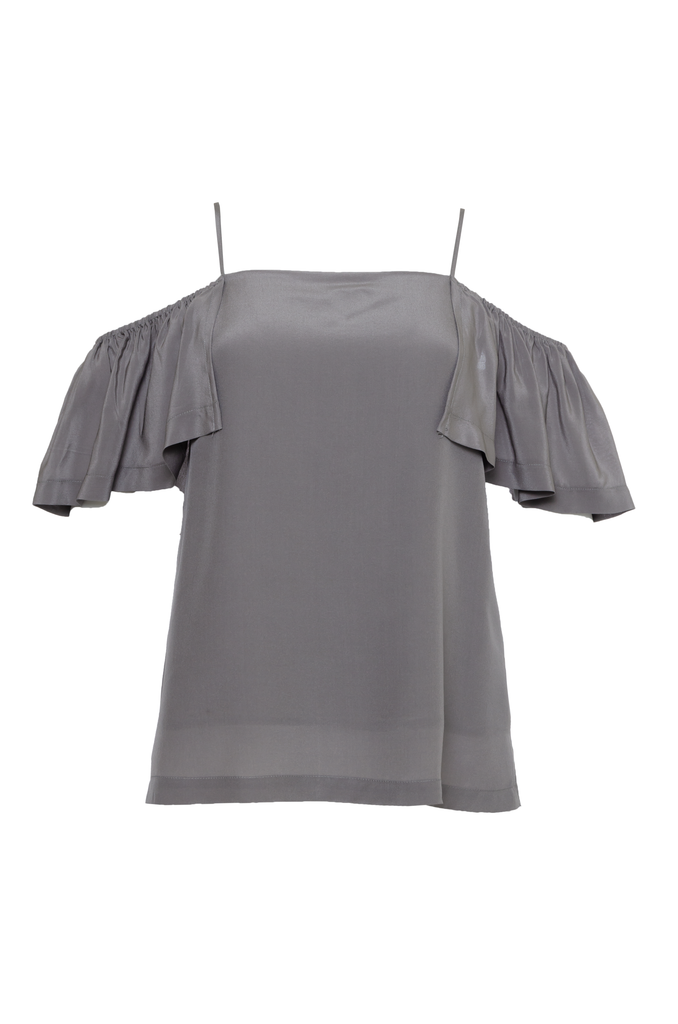 The Off- Shoulder Silk Cami Top in steeple grey.
