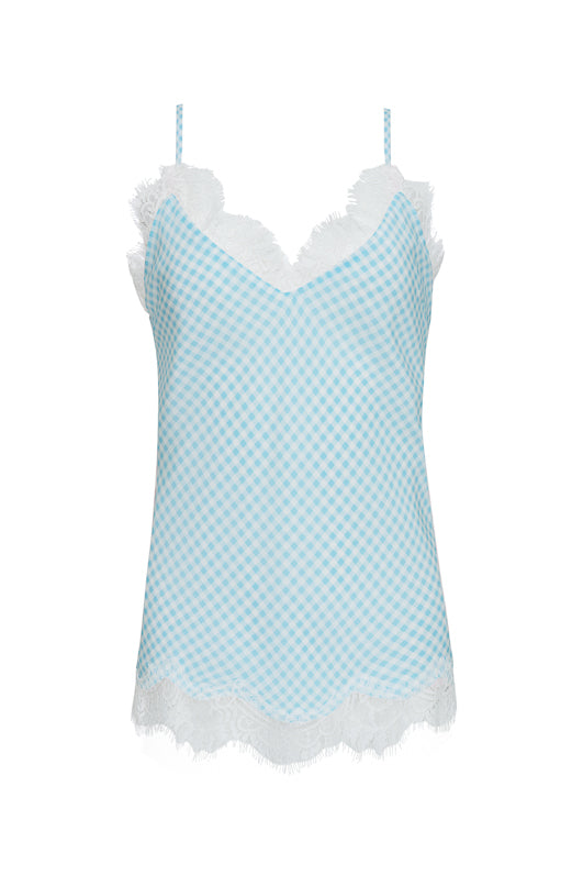 The Anne Marie Silk Cami in baby blue/off white.