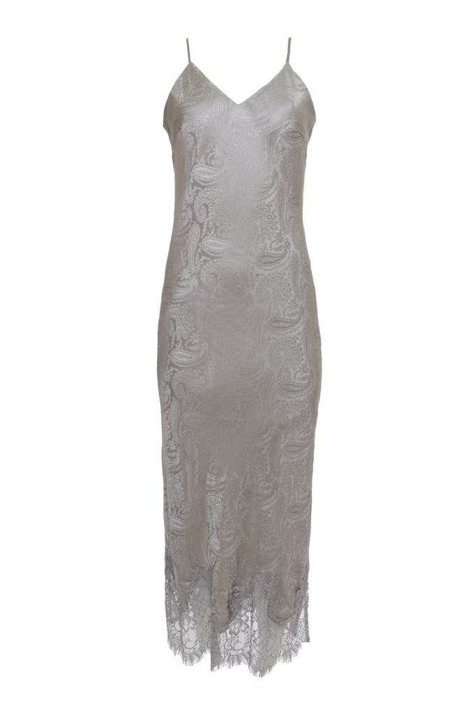 The Emma Silk Jacquard Slip Dress in steeple grey.