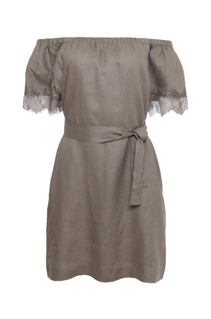 The Eva Off-Shoulder Dress in grey; shown here with matching sash used as belt.