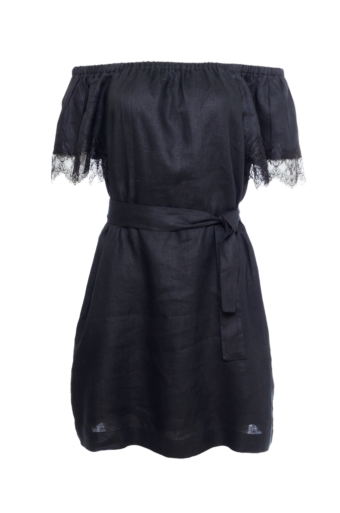 The Eva Off-Shoulder Dress in black; shown with matching sash used as a belt.