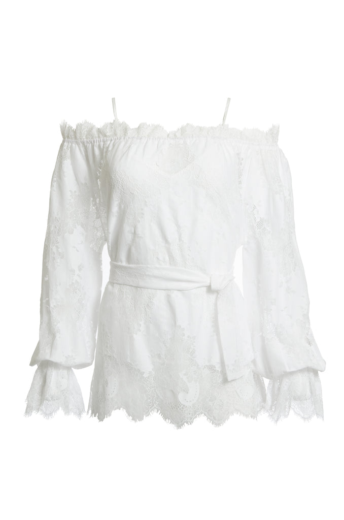 The Suzy Zig Zag Lace Belted Top in white.