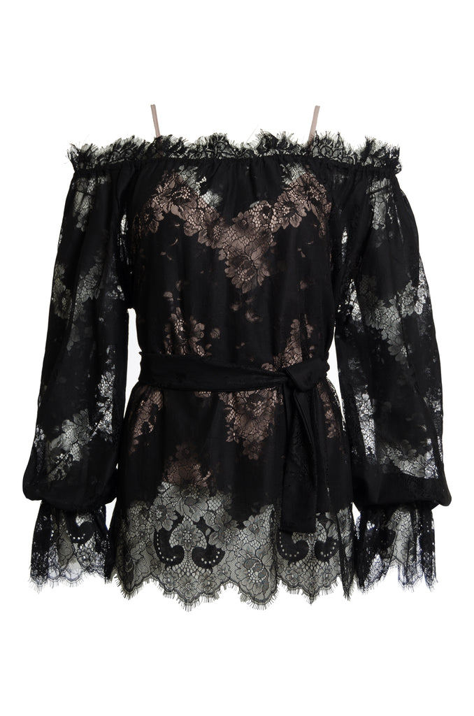 The Suzy Zig Zag Lace Belted Top in black.