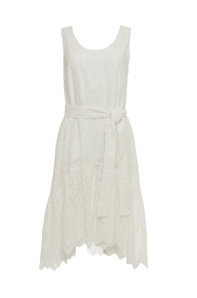 The Adele Cotton Tank Dress in white, shown belted with matching sash.