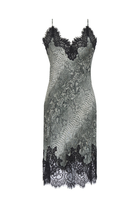 The Python Coco Print Silk Slip Dress in grey python.