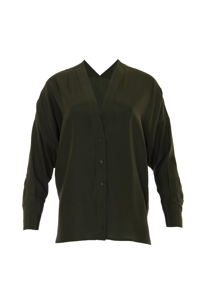 The Solid Silk Wedge Shirt in duffel green.
