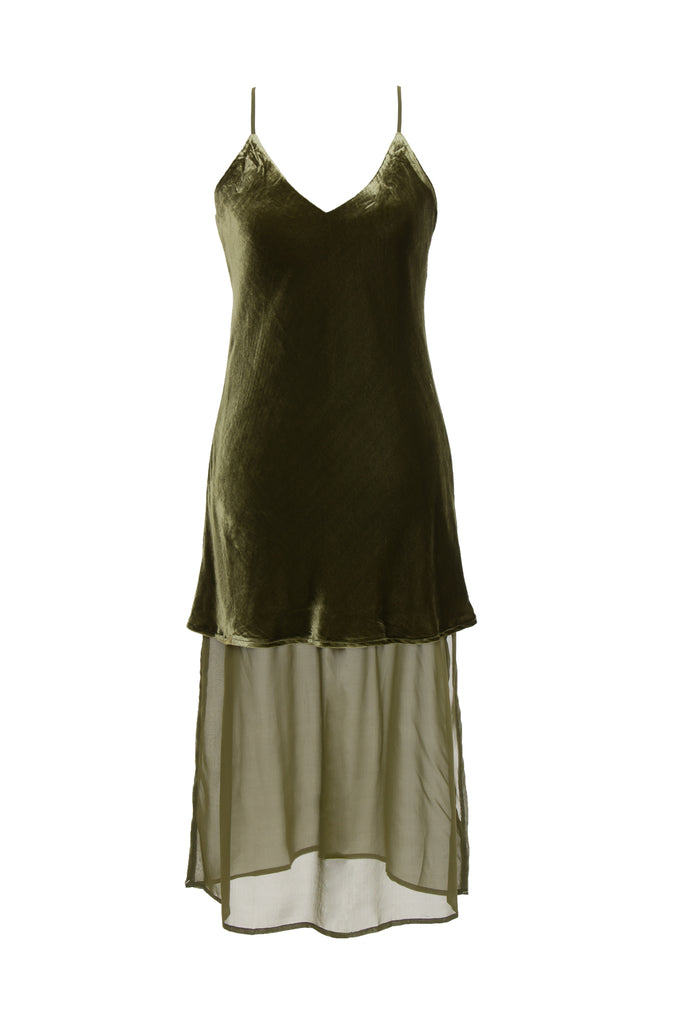 The Double Layer Velvet Silk Dress in olive.