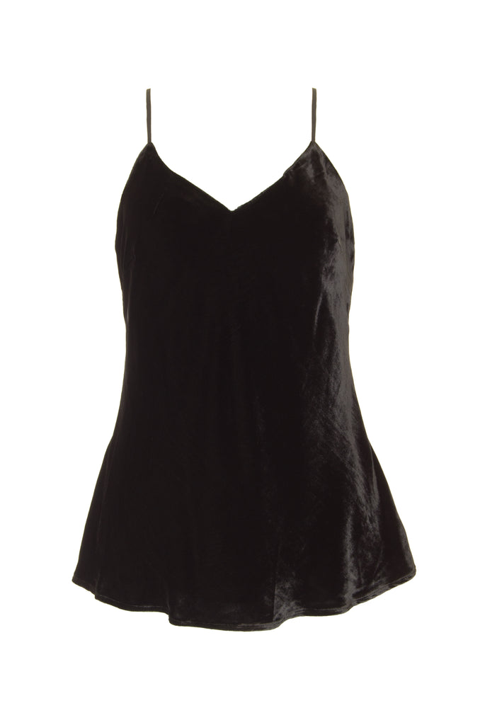 Luxurious blended silk velvet camisole with adjustable straps, and cut on bias. It is lined, has a V-neck line, and a super soft touch. Here shown in black.