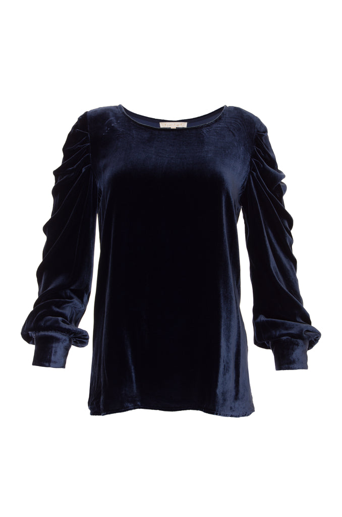 The Dynasty Velvet Ruched Sleeve Top in navy.