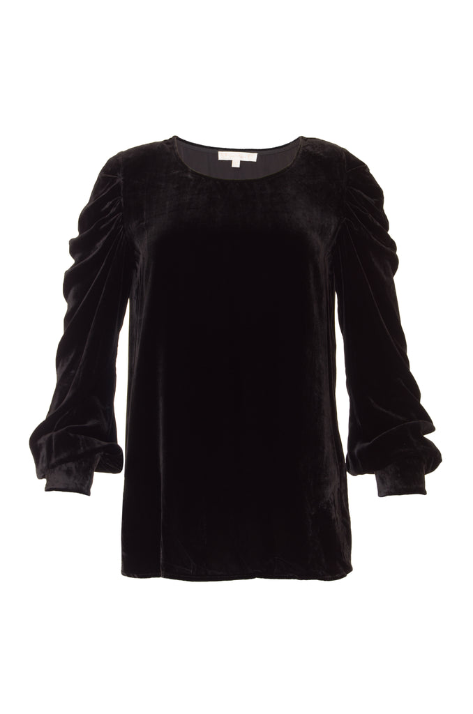 The Dynasty Velvet Ruched Sleeve Top in black.