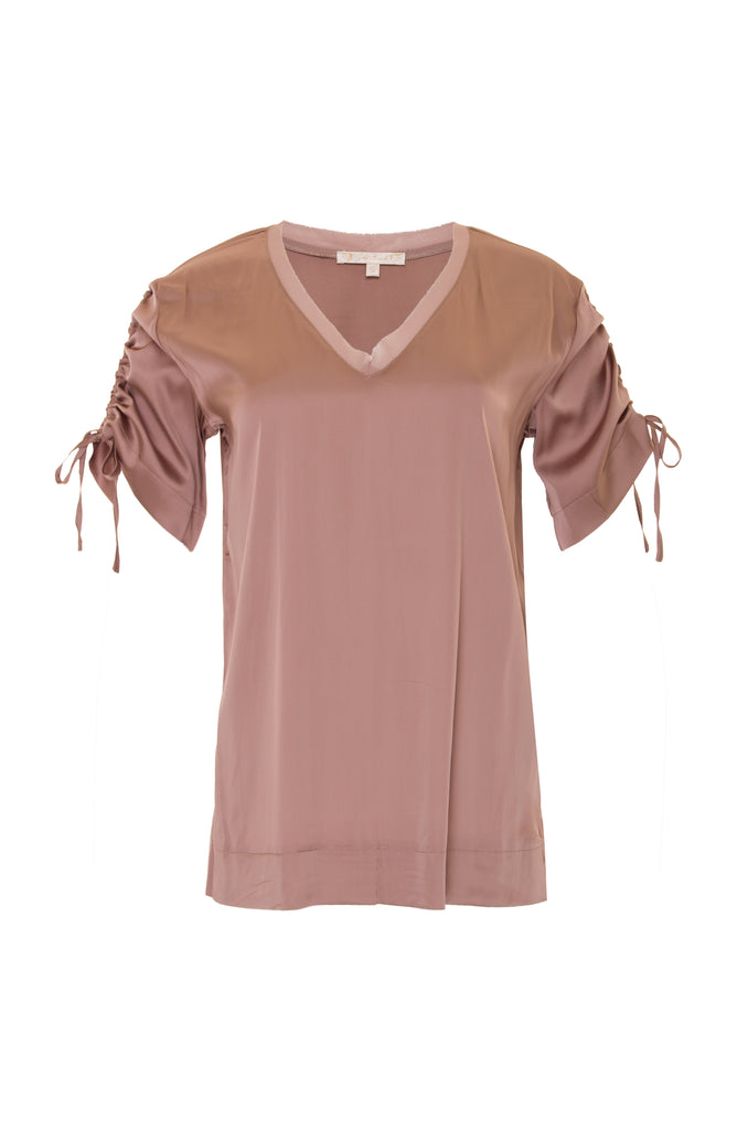 The Ruched V-Neck Tee in rose taupe.