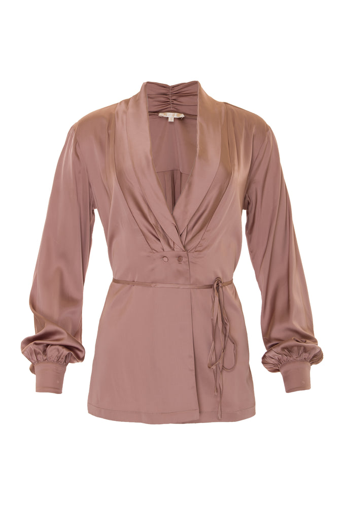 The Shawl Collar Long Sleeve Shirt in rose taupe.
