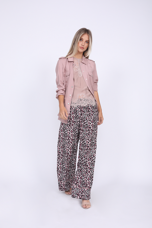 Model is wearing the Tencel Cargo Jacket in muted rose, worn unbuttoned and with the sleeves scrunched up, with the Zoe Coco Cami in muted rose underneath, and the Silk Print Wide Leg Pants in pink animal leopard print.