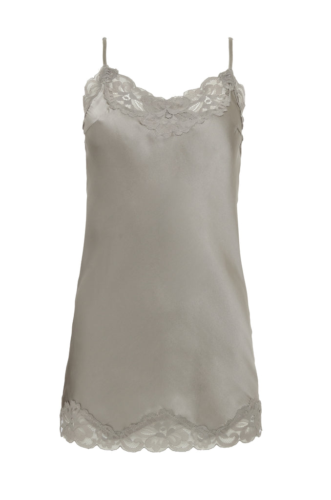 The Floral Lace Silk Tunic in steeple grey.
