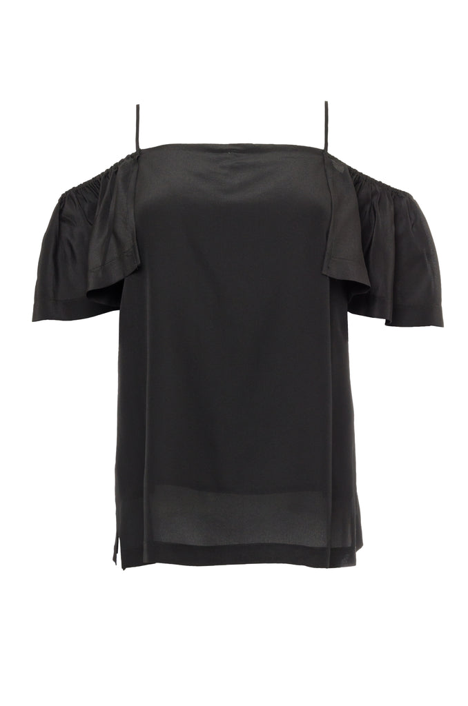 The Off- Shoulder Silk Cami Top in black.