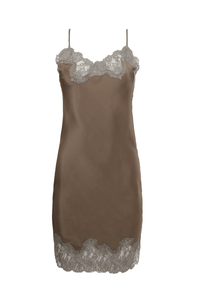 The Marilyn Lace Silk Slip Dress in warm grey with steeple grey lace.