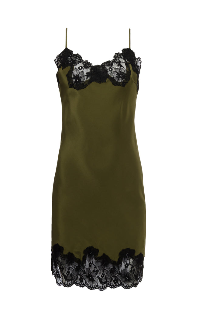 The Marilyn Lace Silk Slip Dress in olive with black lace.