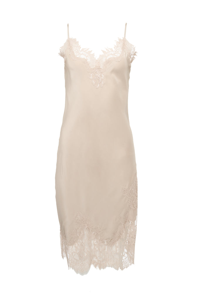 The Grace Lace Silk Dress in sand shell.