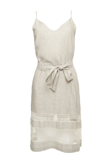 The Capri Linen Slip Dress in birch, with matching sash worn around the waist.
