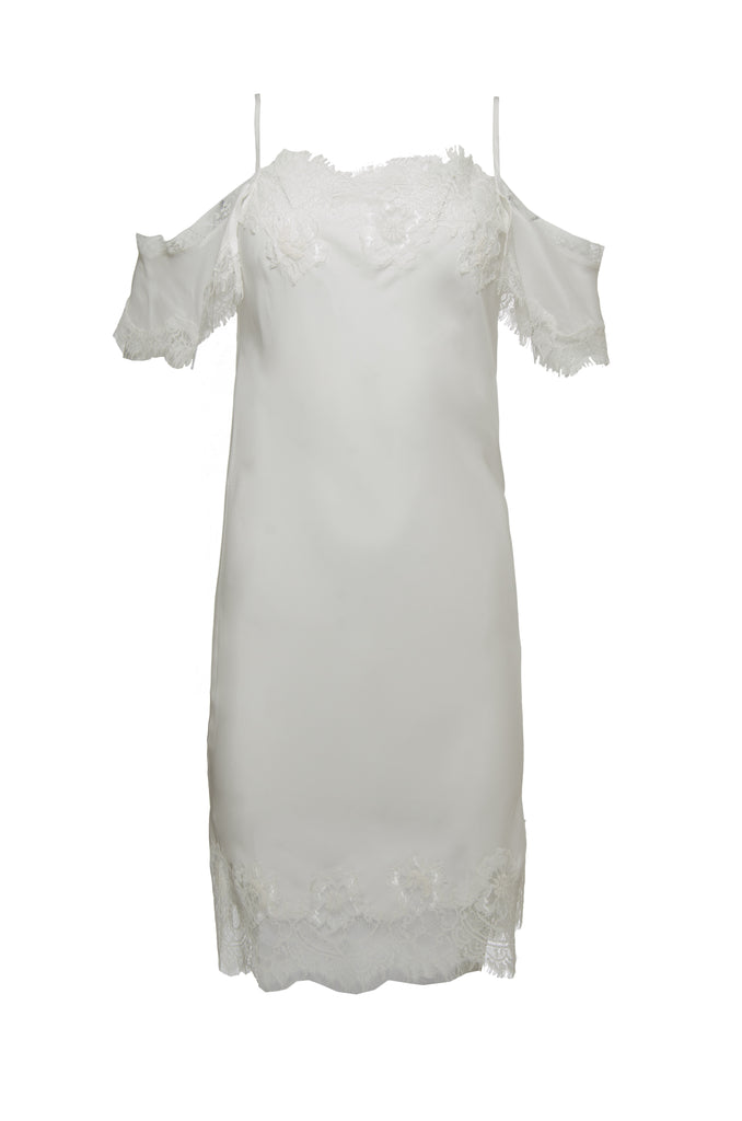 The Gigi Lace Silk Dress in white.