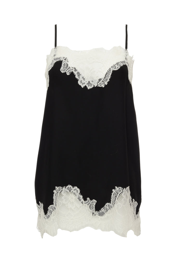 The Coco Lace Silk Straight Cami in black with white lace.