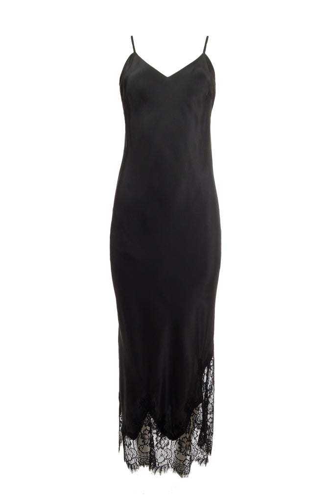 The Long Silk Lace Slip Dress in black.