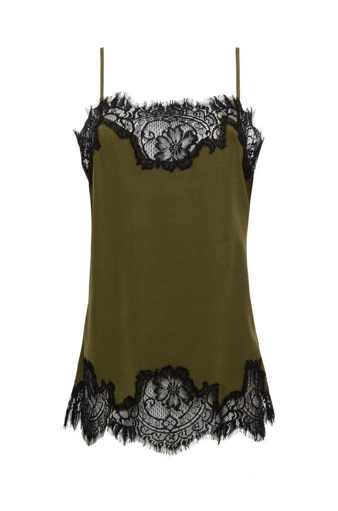 The Coco Lace Silk Straight Cami in olive with black lace.