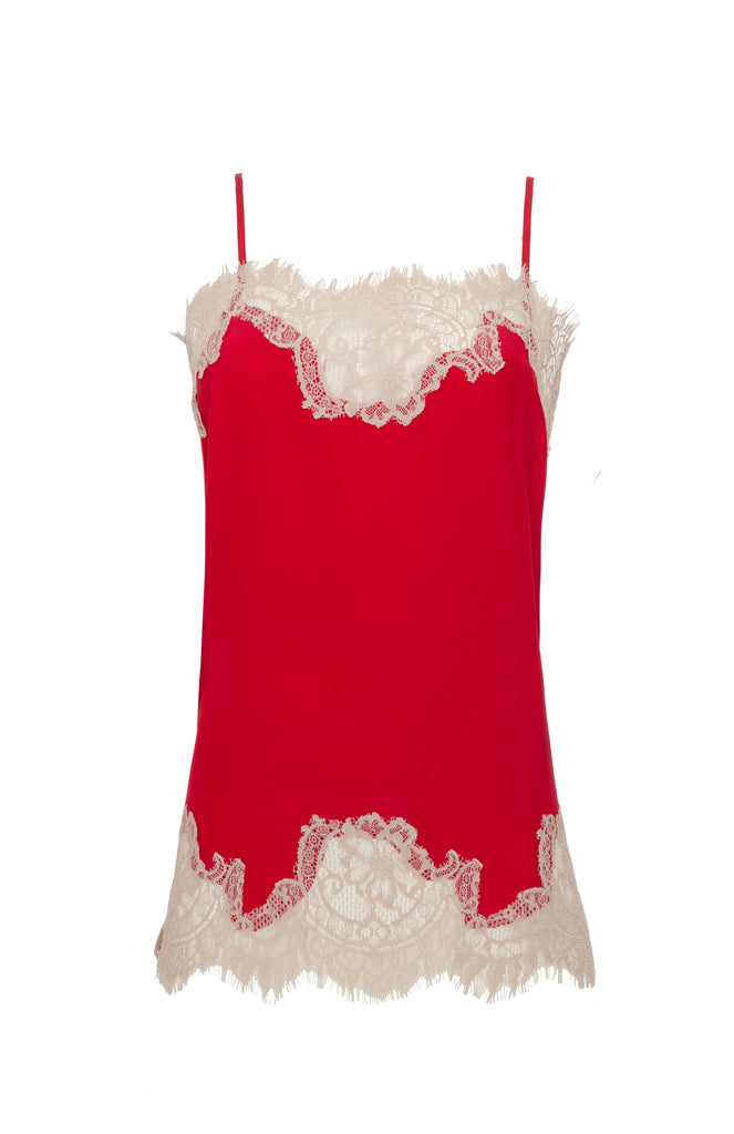 The Coco Lace Silk Straight Cami in red with sand shell lace.