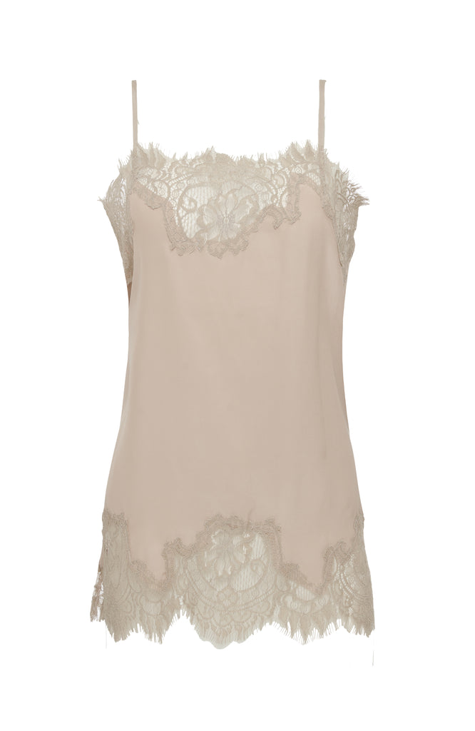 The Coco Lace Silk Straight Cami in sand shell with birch lace.