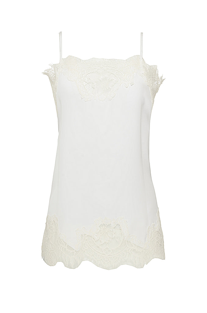 The Coco Lace Silk Straight Cami in white with dove lace.