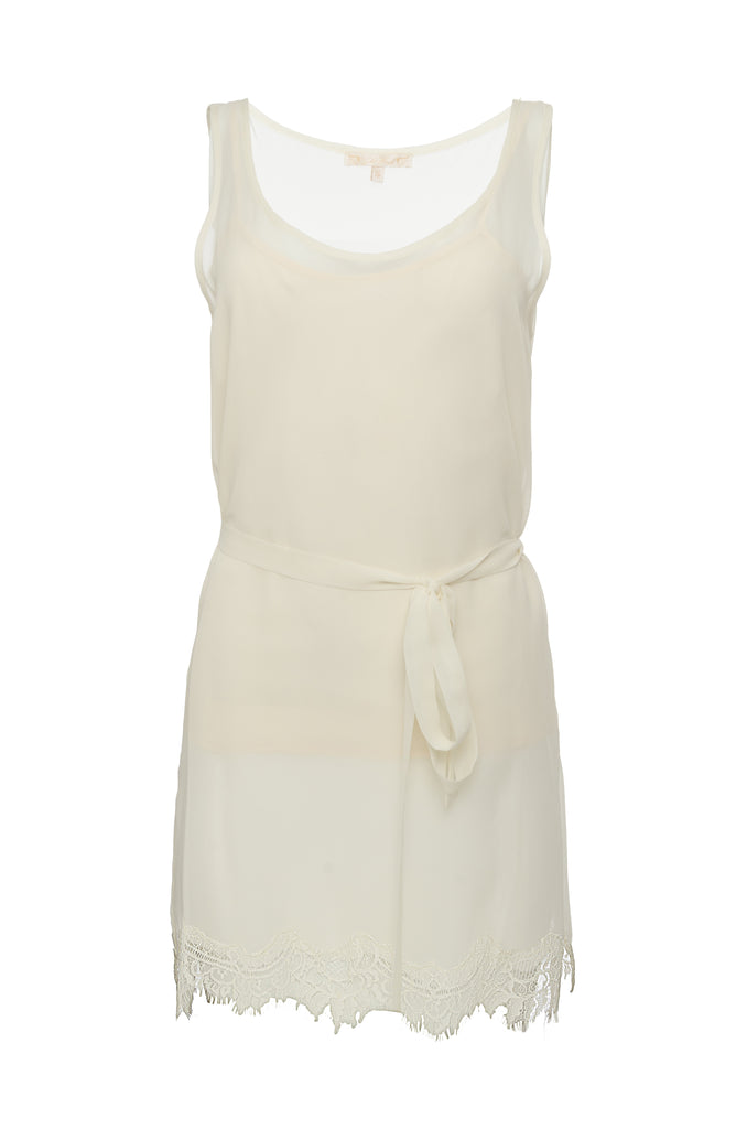 The Sheer Silk Tank Top in dove; shown with matching sash worn as belt.