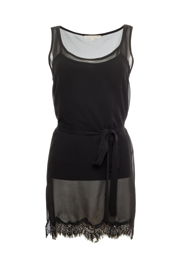 The Sheer Silk Tank Top in black; shown with matching sash worn as belt.