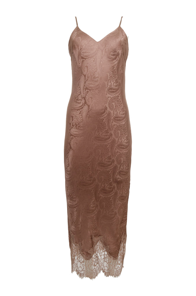 The Emma Silk Jacquard Slip Dress in rose taupe.
