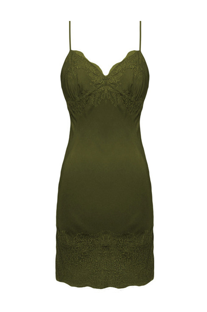 The Vintage Lace Silk Slip Dress in olive.